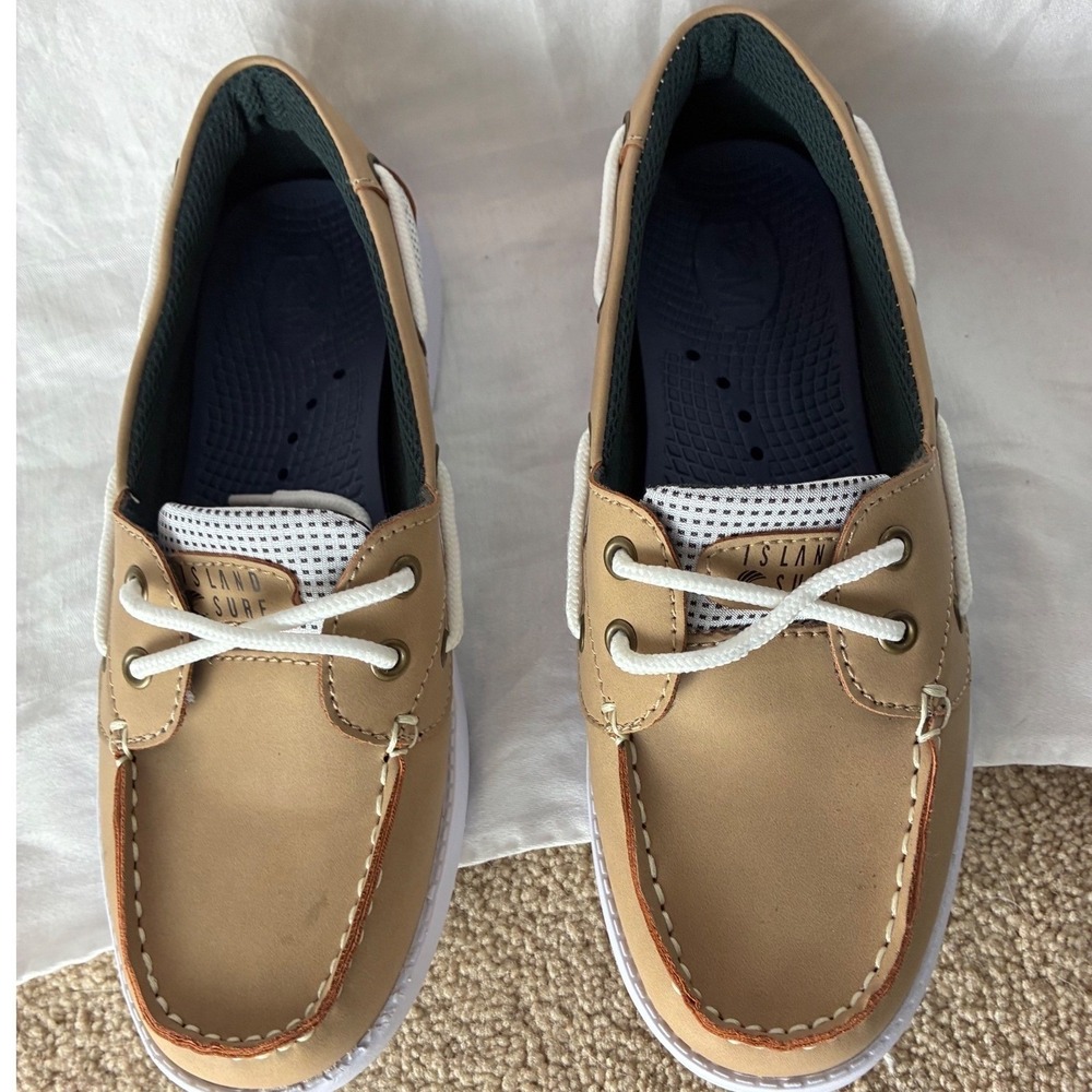 Island Surf Boat Shoes Mens 6/6.5 Tan White Mesh Nautical Deck Loafers BY3206